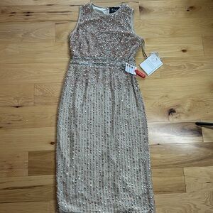 NWT Mac Duggal Nude Sleeveless High Neck Beaded Sheath Dress | Size 8